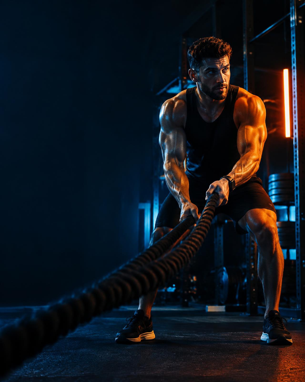Atleta treinando em academia com iluminação laranja e azul
